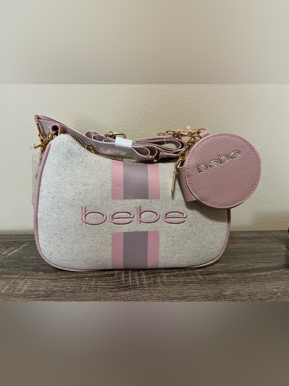 Bebe Pink and Cream Stripe Canvas Crossbody with Coin Pouch